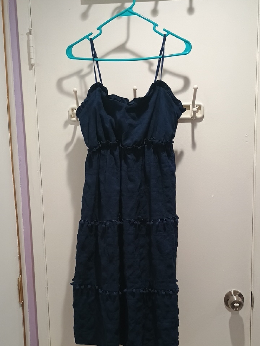 Cute Navy Blue Casual Ruched Pom Pom Gathered Tiered Spaghetti Strap Dress